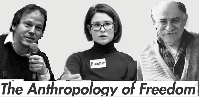 en course flier cropped for the Anthropology of Freedom course at the ISE showing Eleanor Finley, Murray Bookchin, David Graeber, and visuals depicting some scenery and animated figures