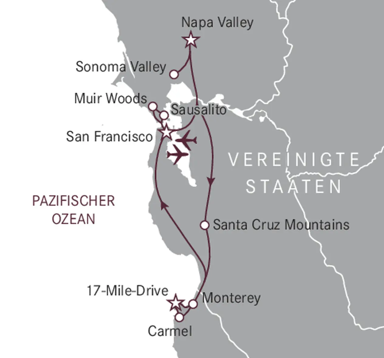 Route map Wine and Gourmet Trip to California