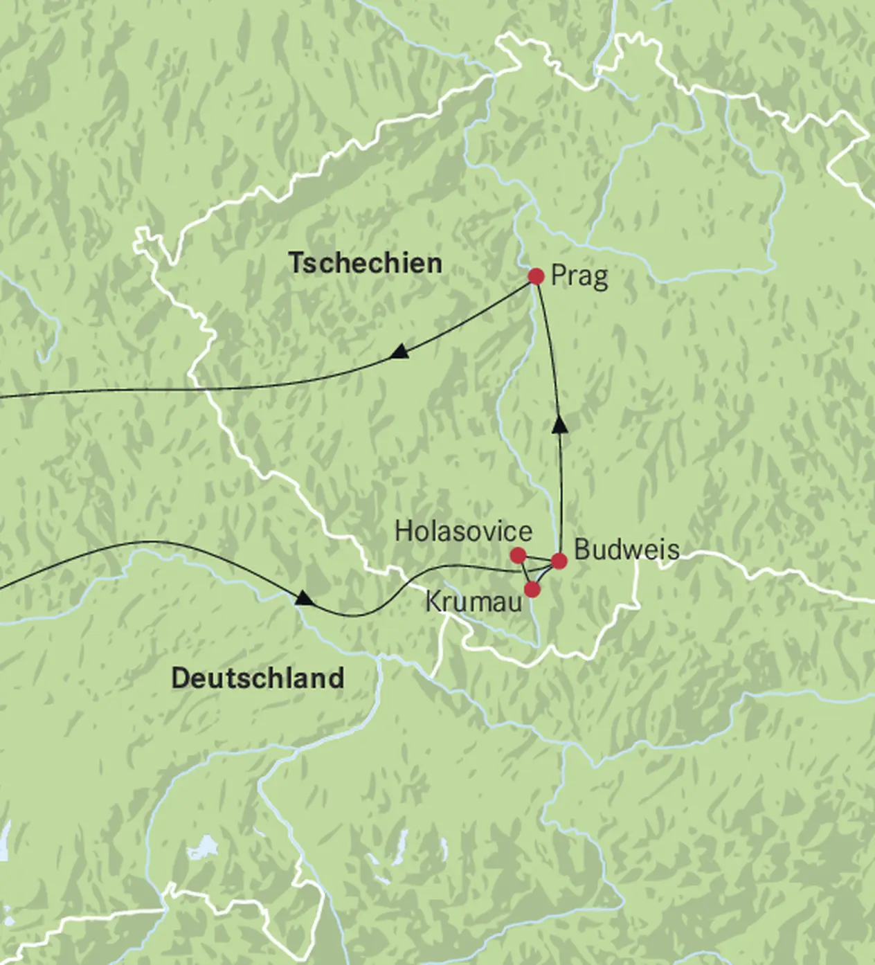 Carte de l’itinéraire Voyage des lecteurs Famille suisse Bohême du Sud et Prague