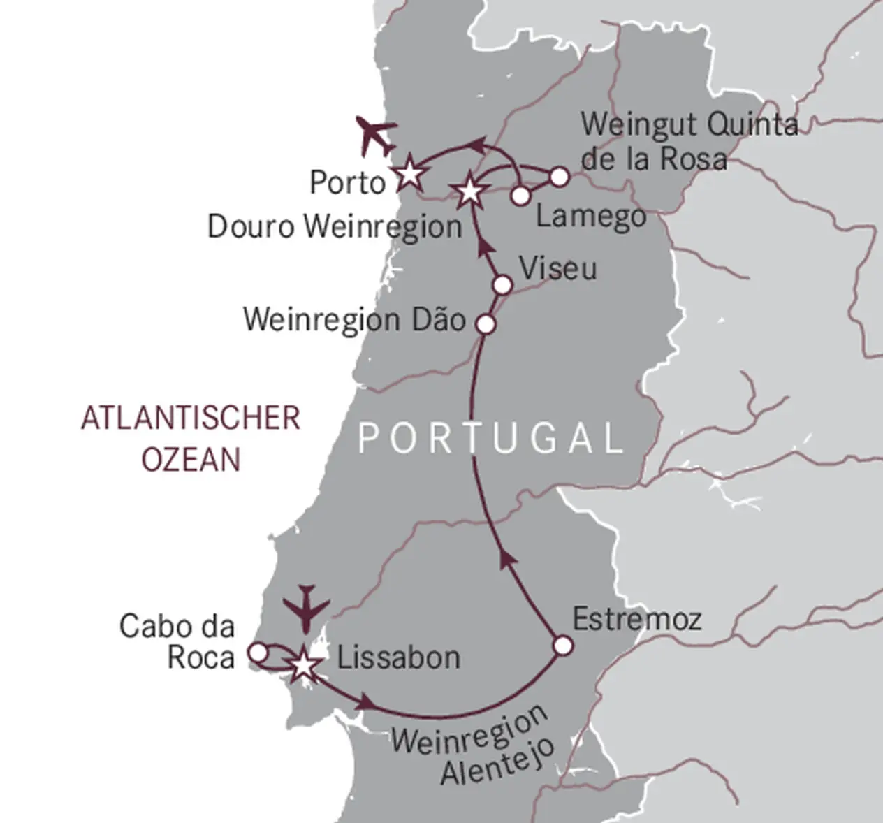 Route map Wine Trip to Portugal