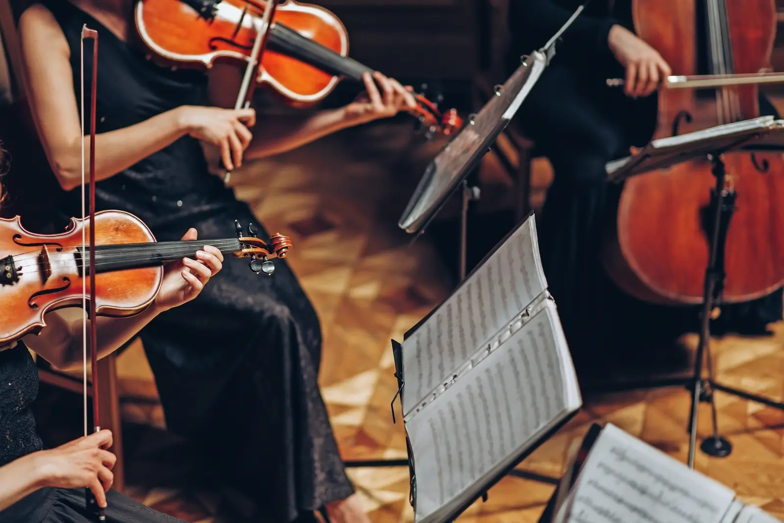 Musicisti che suonano violini e violoncello in un'orchestra, con leggii in primo piano.