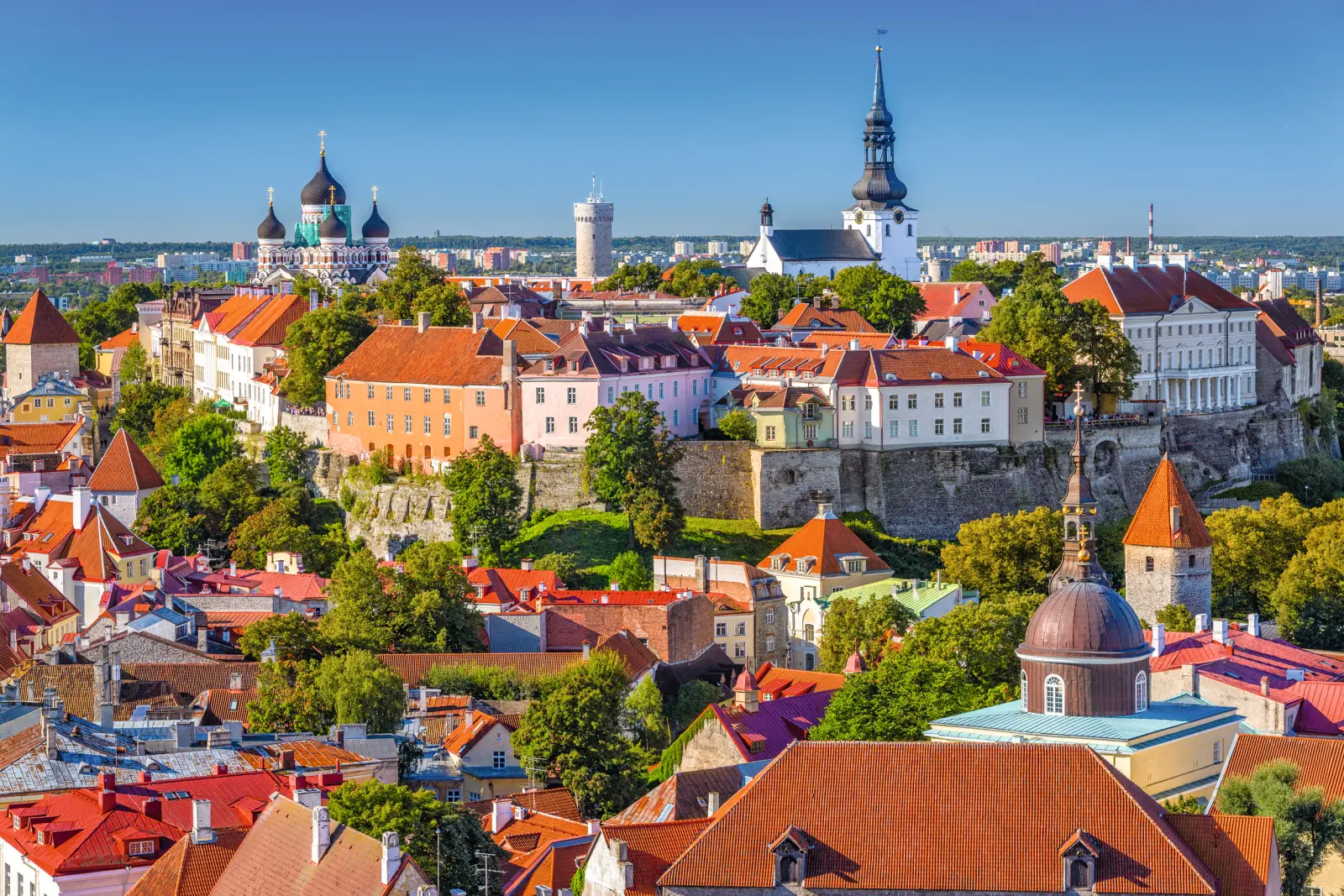 View of Tallinn with historic buildings and churches.