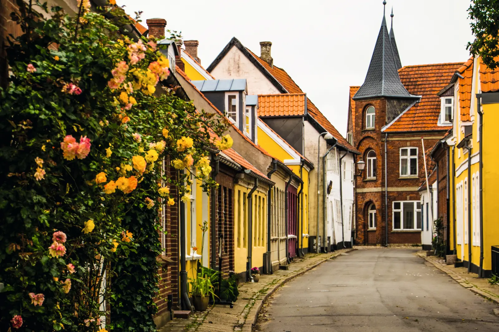 Rue pittoresque avec des maisons colorées et des plantes fleuries dans une vieille ville européenne.