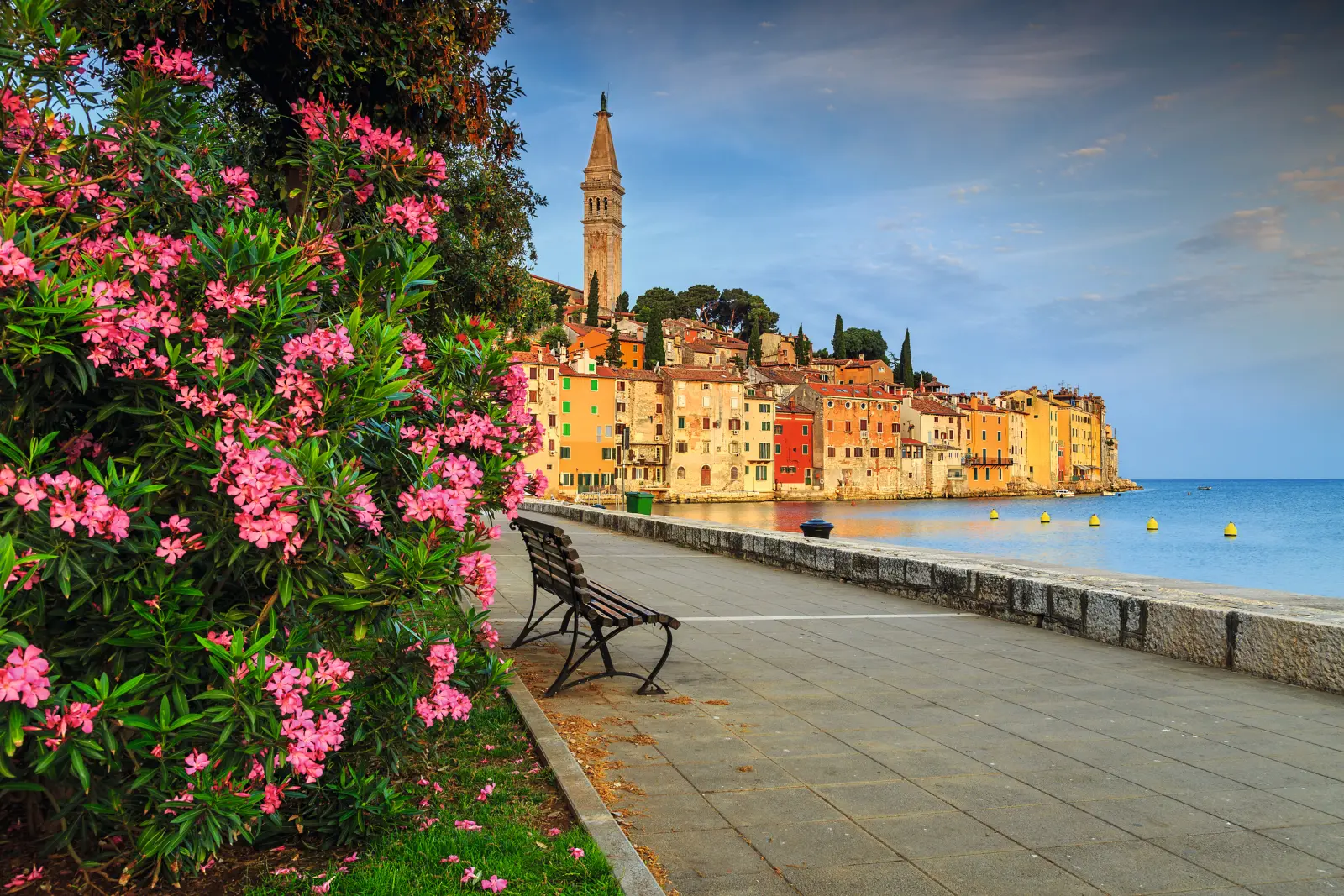 Historische Küstenstadt mit bunten Häusern am Meer, Promenade mit Blumen und Bank im Vordergrund.