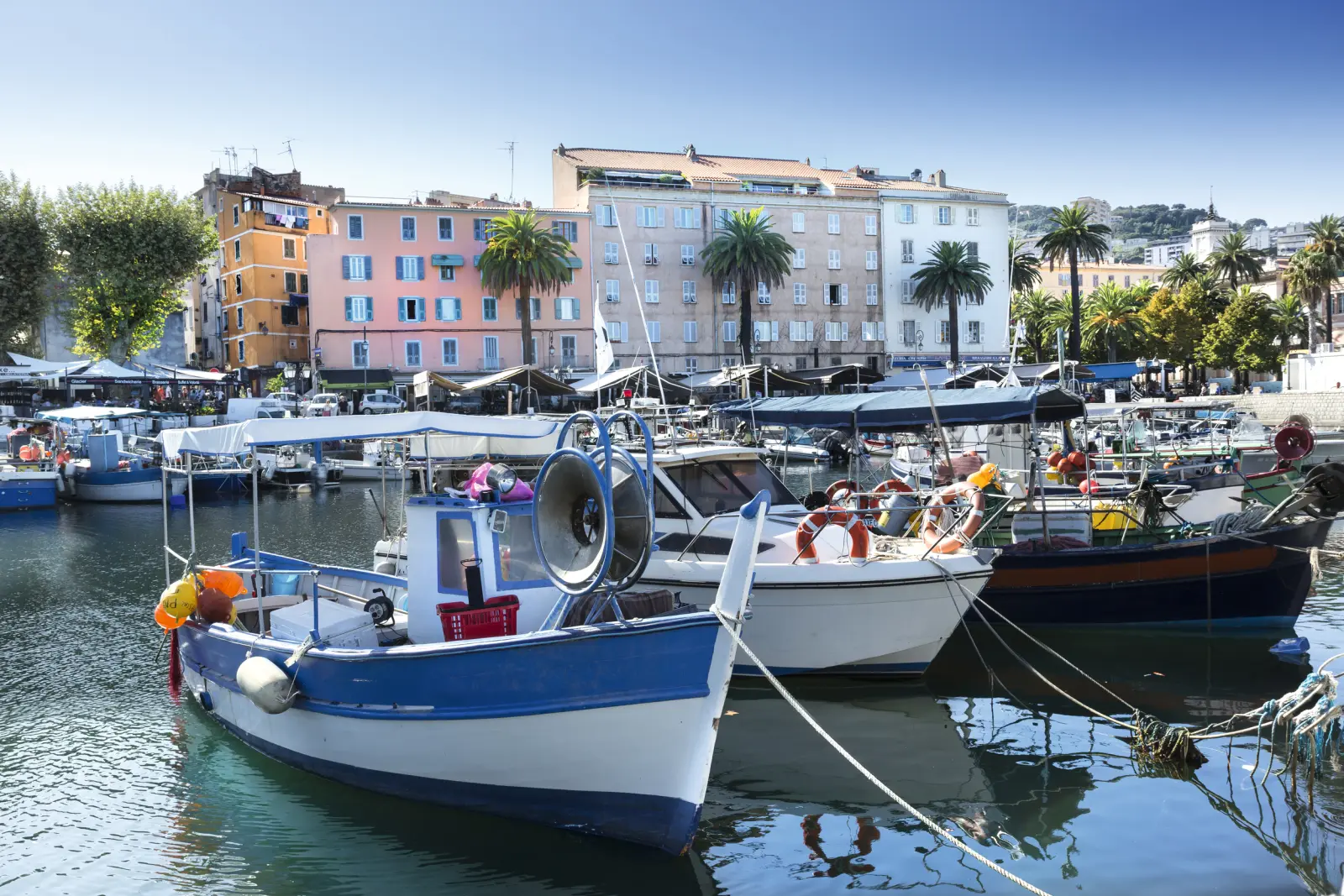Bateaux dans le port devant des maisons colorées et des palmiers par une journée ensoleillée.