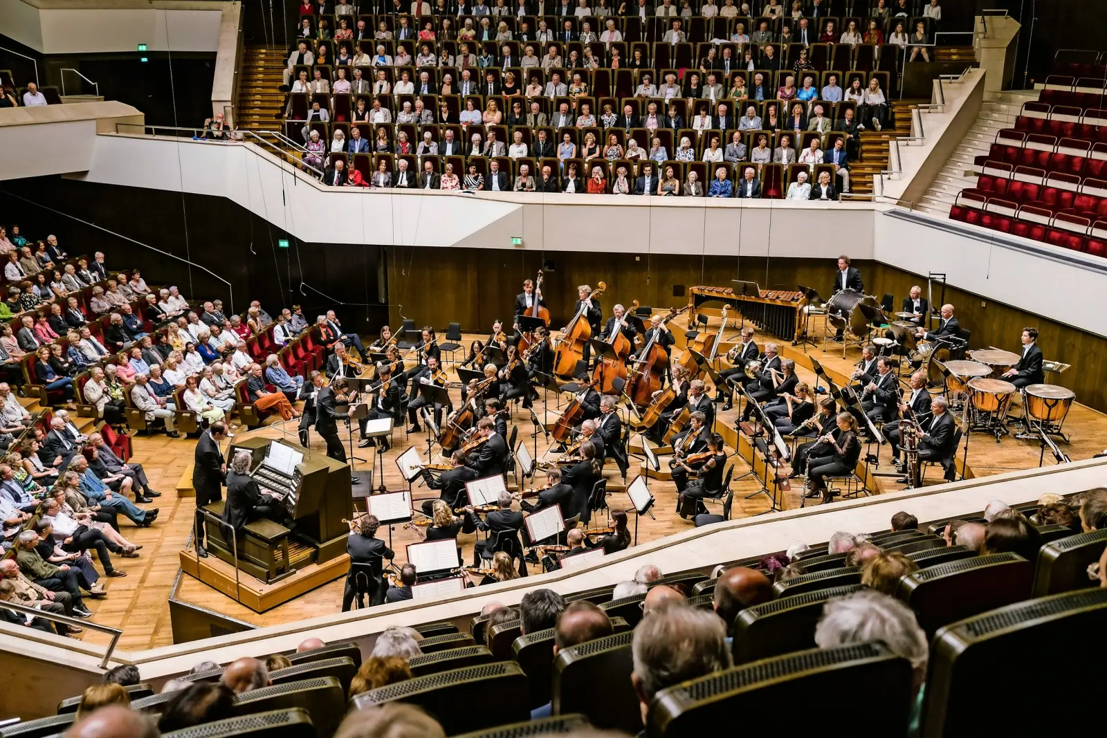 Orchester spielt in einem Konzertsaal, Publikum sitzt gespannt.