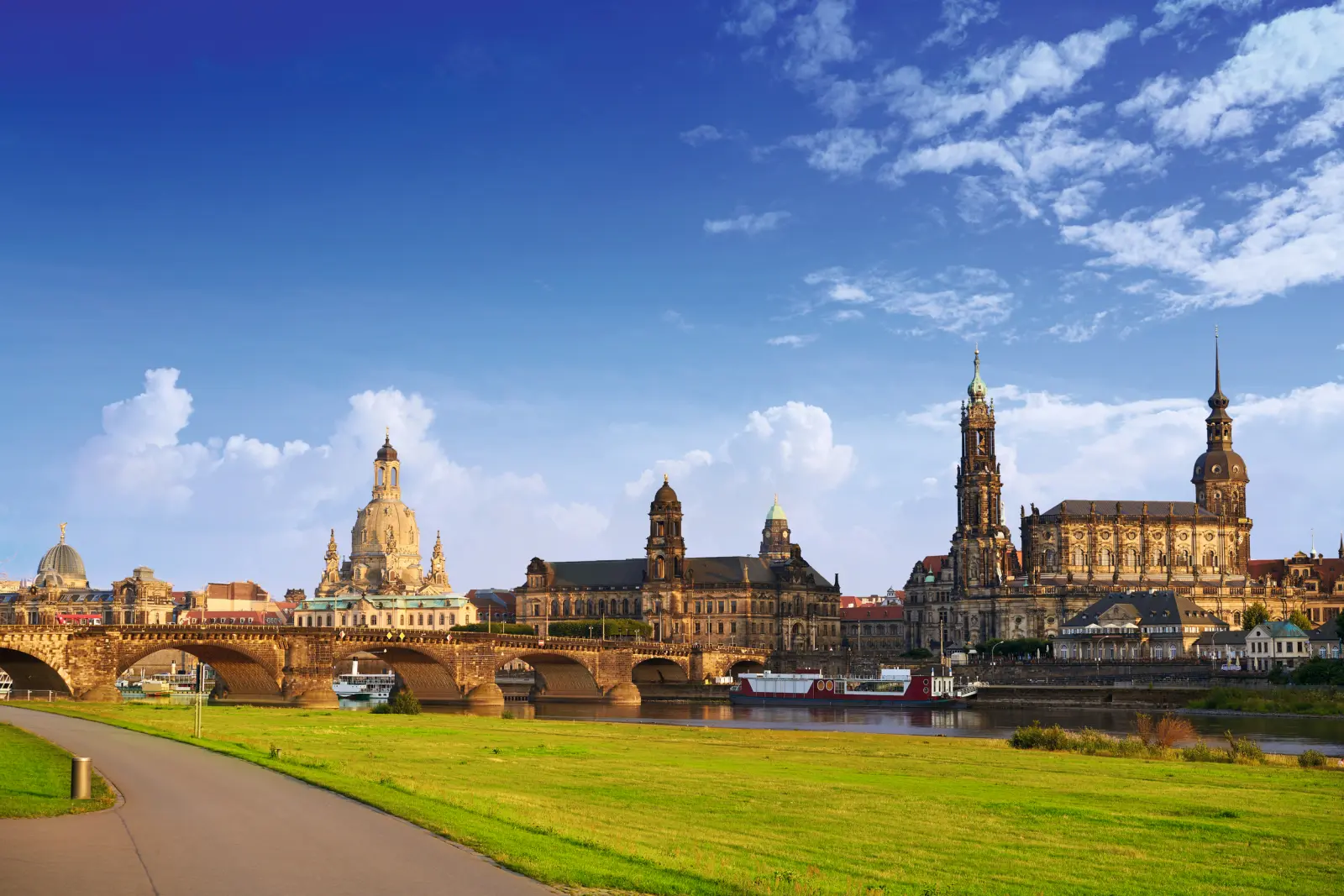 Dresden skyline with the Elbe and Baroque architecture in the sunshine.