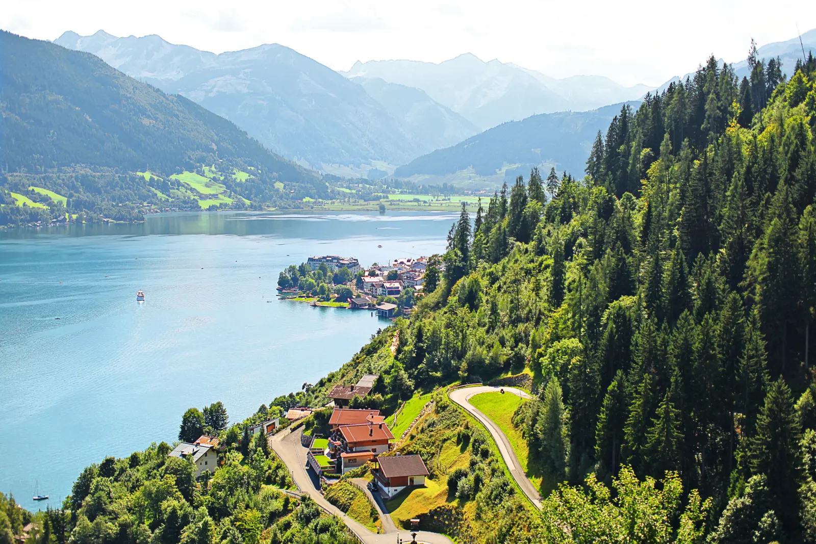 View of a lake in the Alps, surrounded by forests and mountains.