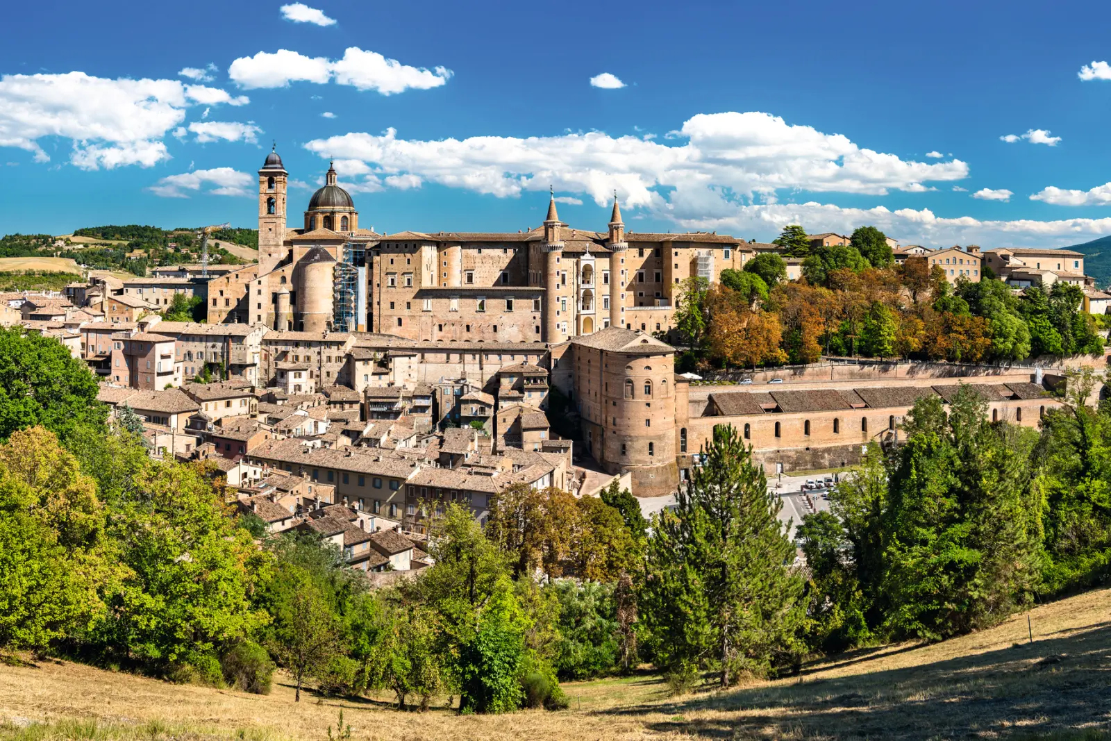 Veduta della città di Urbino, nelle Marche (Italia), con edifici pittoreschi e dintorni verdi.