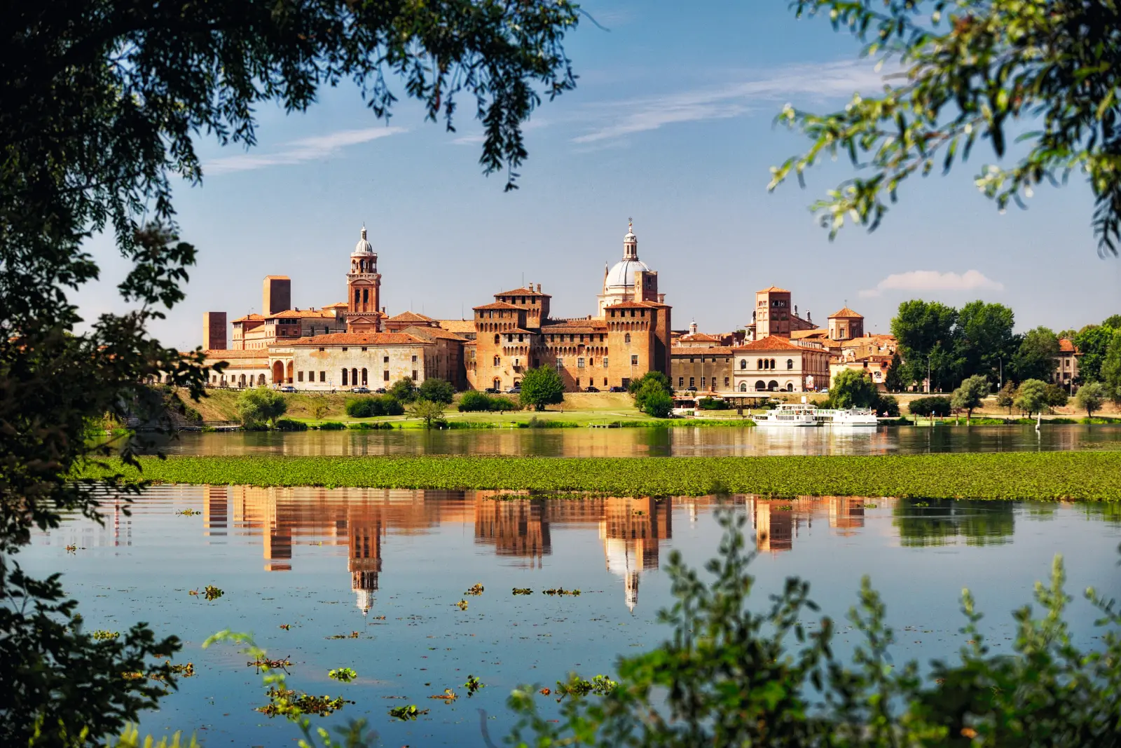 Città storica con riflessi nell’acqua e alberi in primo piano.