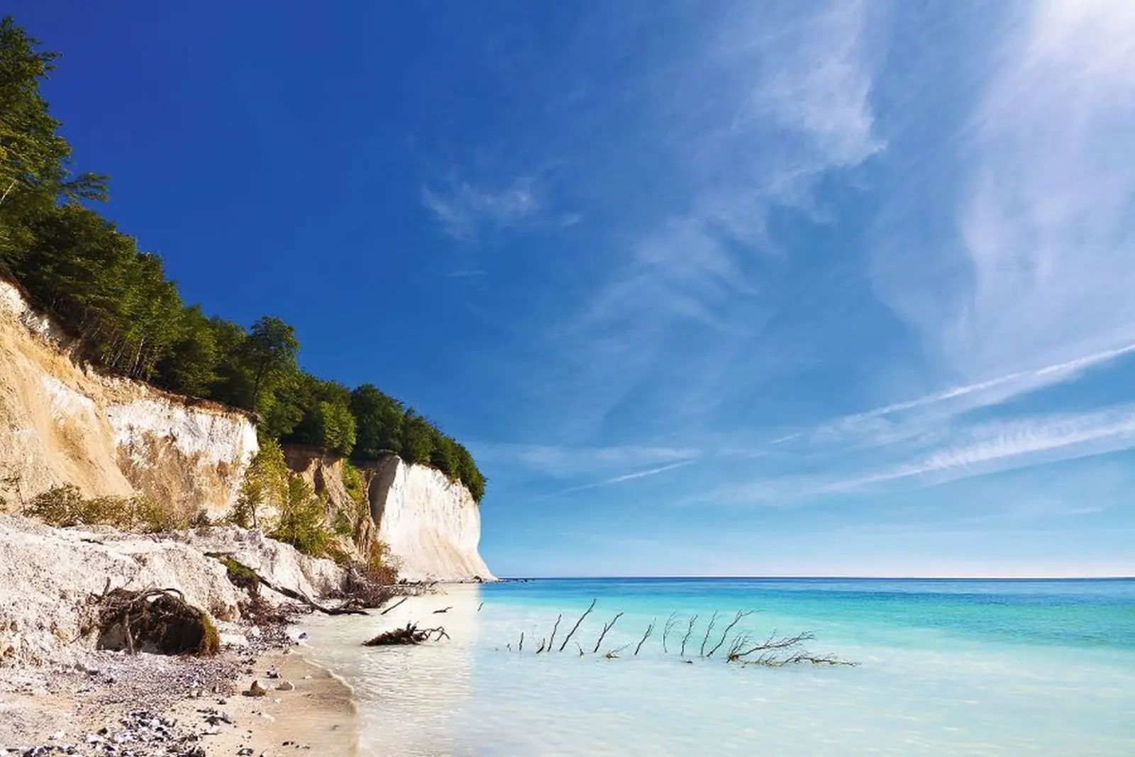 Chalk cliffs on Rügen with the sea and blue sky