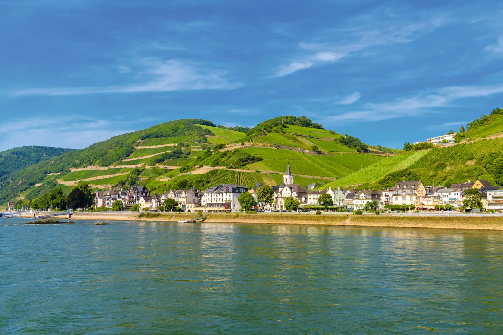 River landscape with green hills and small houses on the bank.