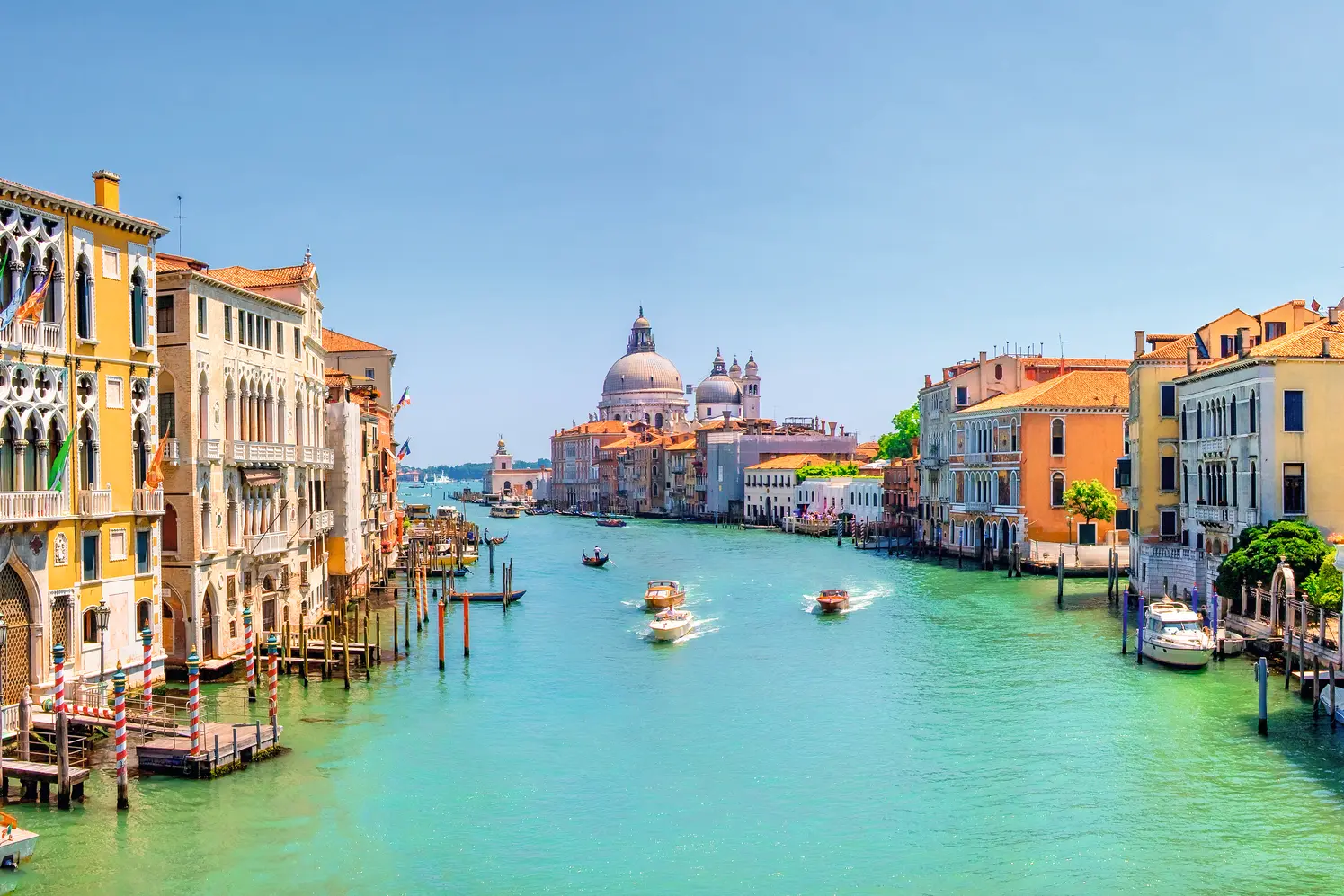 Panorama del Canal Grande a Venezia con vista sulla basilica di Santa Maria della Salute e gondole di passaggio.