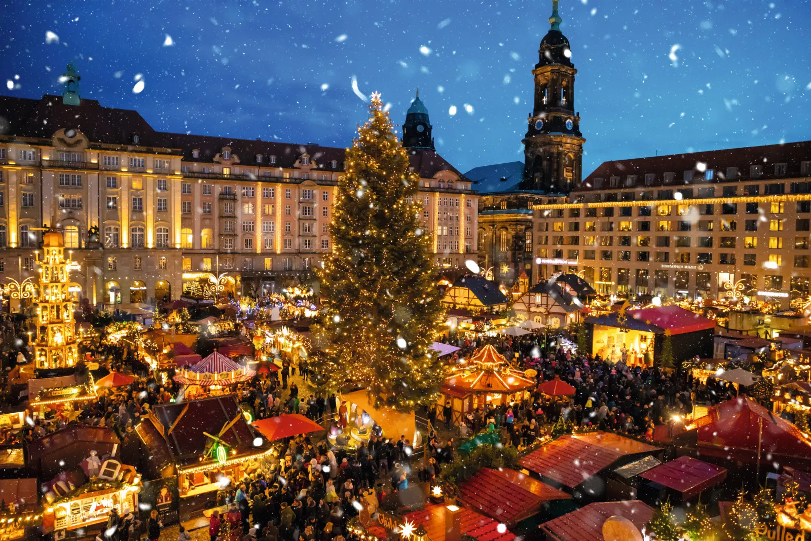 Marché de Noël en soirée avec des lumières et un grand sapin décoré dans la neige.