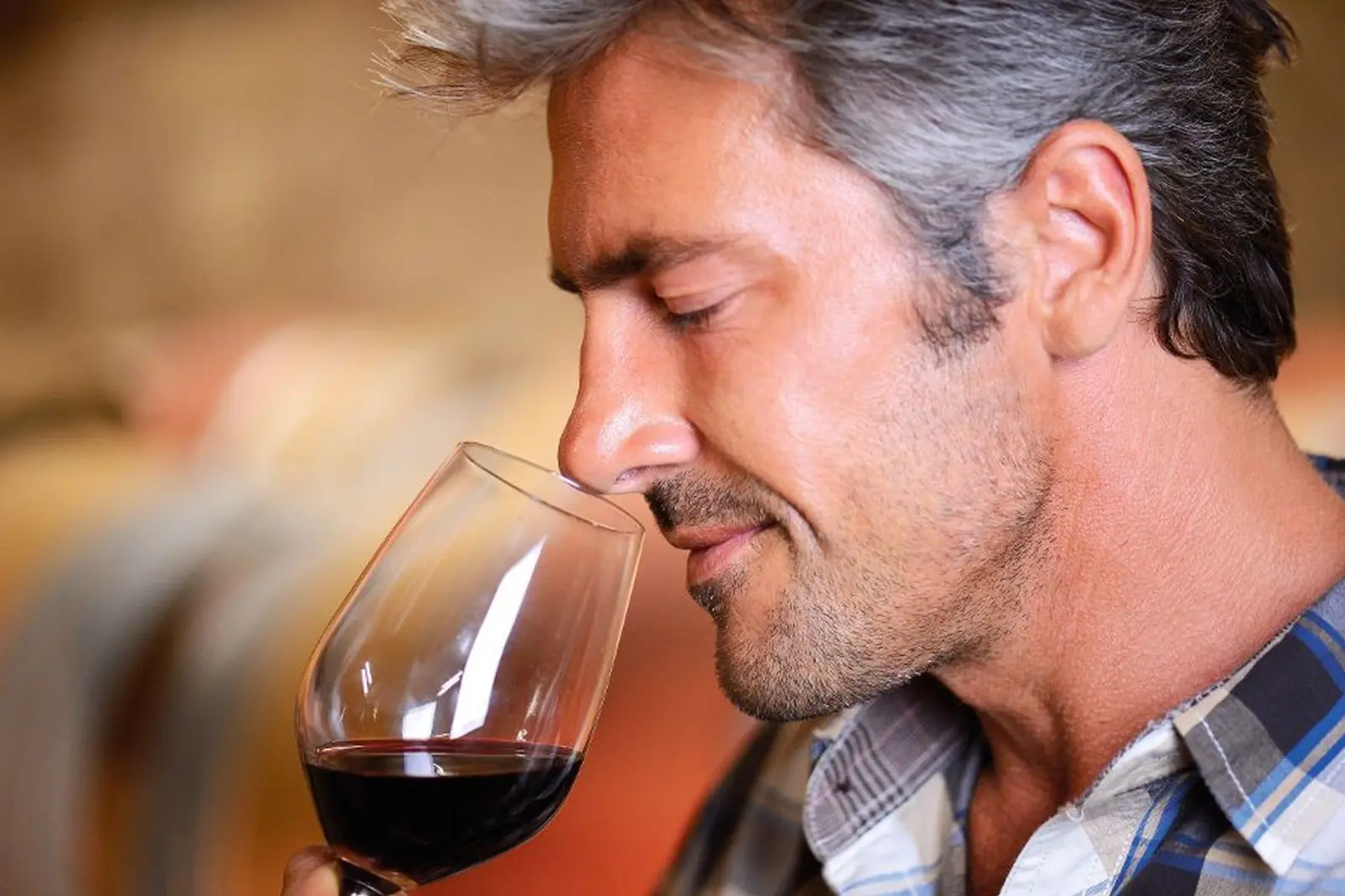 Un homme hume un verre de vin rouge et en apprécie l’arôme.