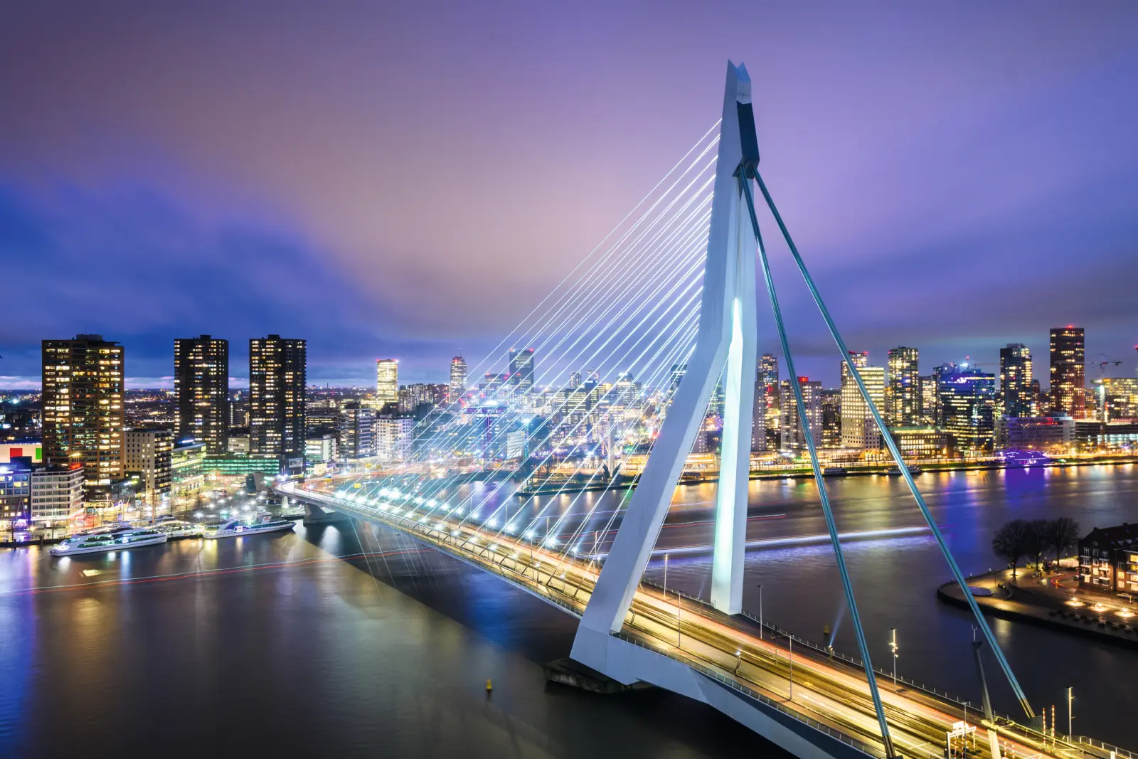 Pont Érasme à Rotterdam illuminé de nuit, avec la silhouette de la ville à l’arrière-plan.