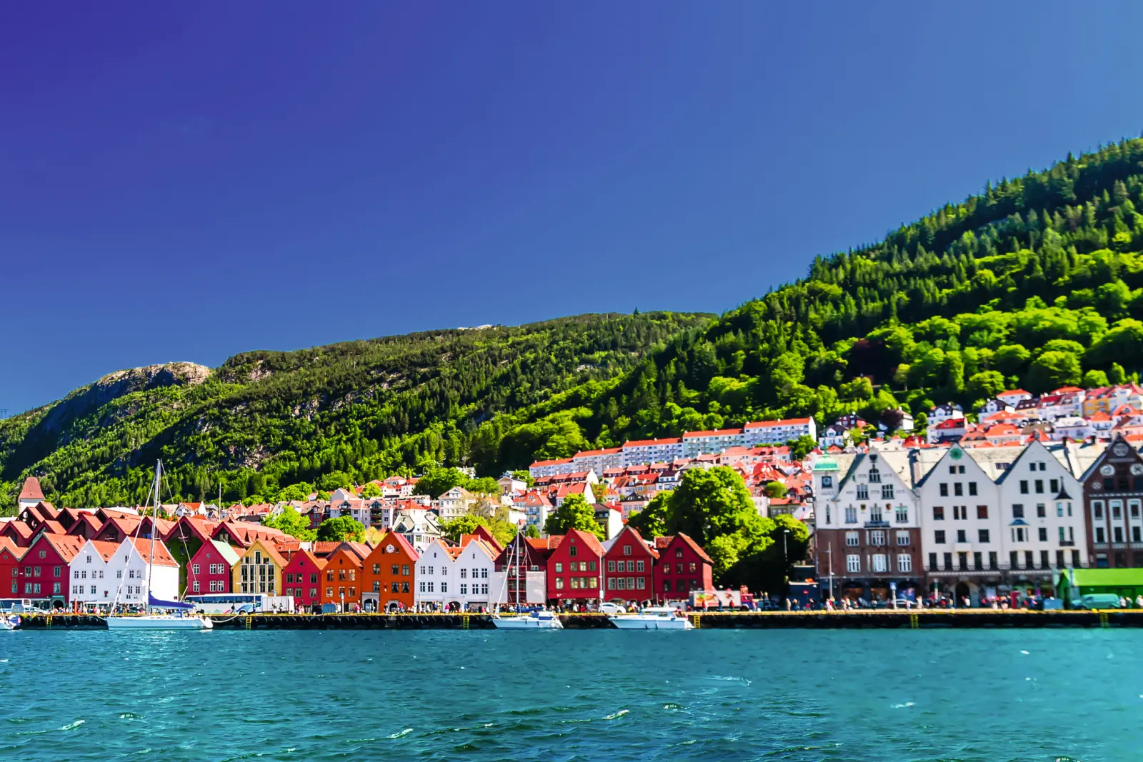 Row of houses by the water with mountains in the background under a clear sky.