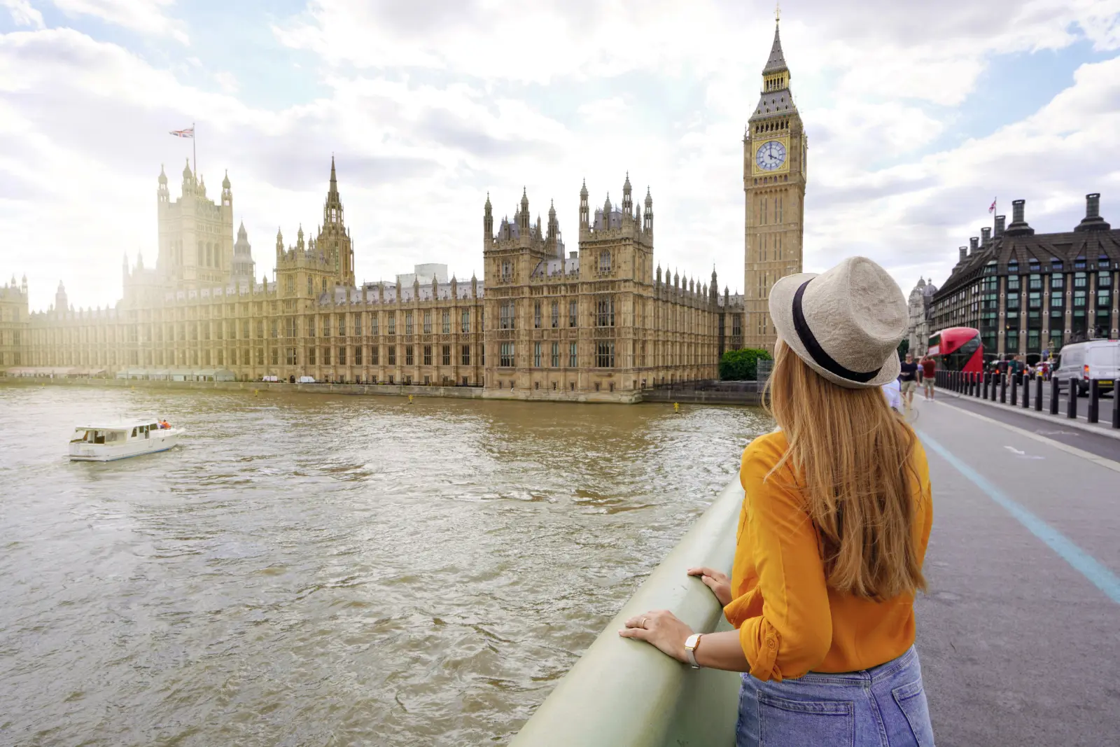 Femme au chapeau regardant les Houses of Parliament et Big Ben à Londres.