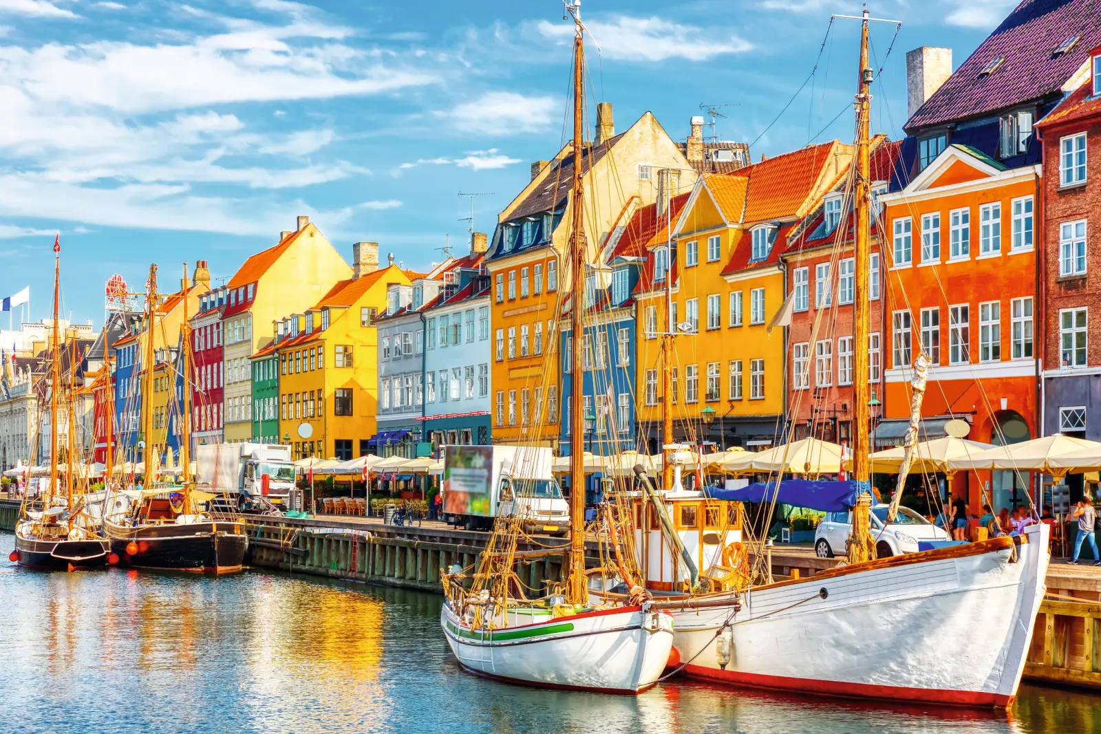 Colourful buildings and boats at the old Nyhavn harbour in the centre of Copenhagen, Denmark.
