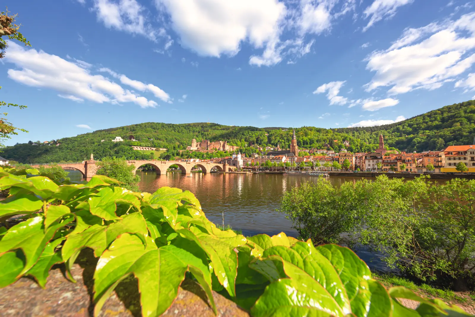 Vue sur un vieux pont et sur la vieille ville de Heidelberg par temps ensoleillé.