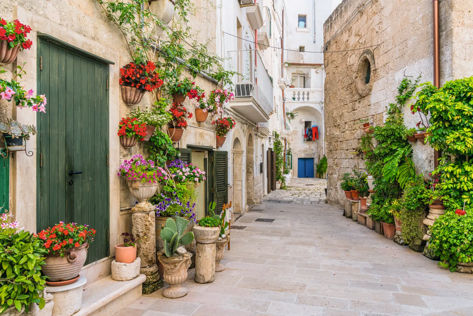 Stretto vicolo tortuoso con fiori e piante rigogliosi in un villaggio mediterraneo.