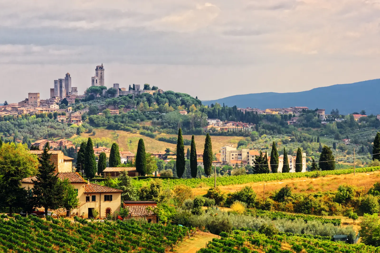 Hilly landscape with historic towers and vineyards in Tuscany.
