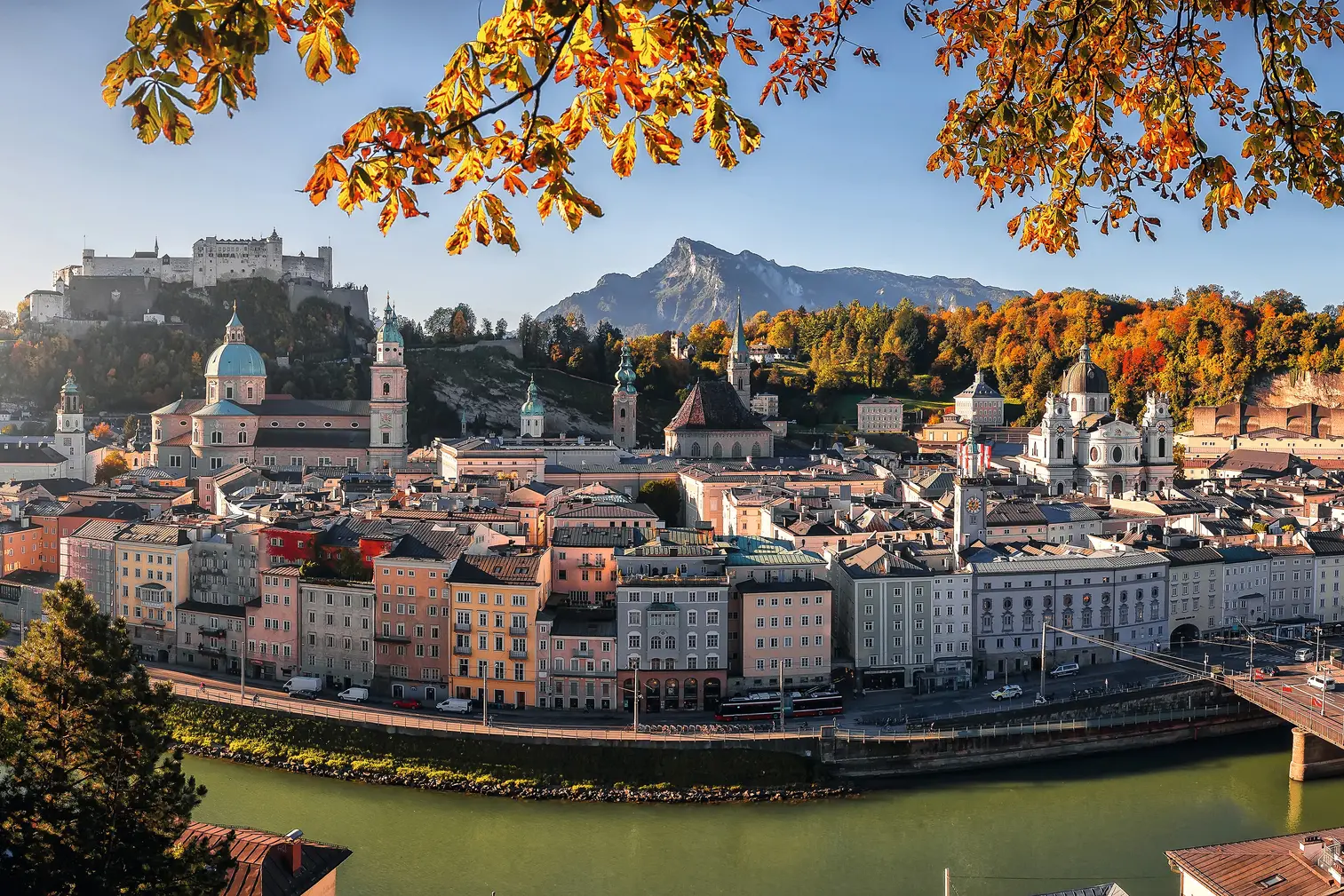 Panorama of Salzburg with Hohensalzburg Fortress in autumn.