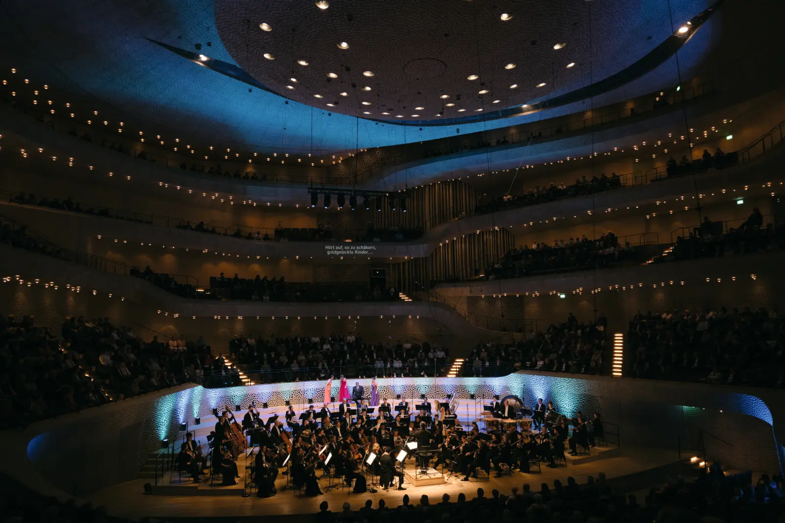 Un'orchestra suona in una sala da concerto con il pubblico illuminato.
