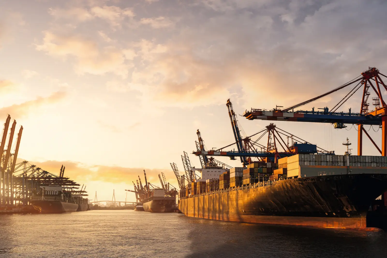Navi cargo e gru nel porto al tramonto