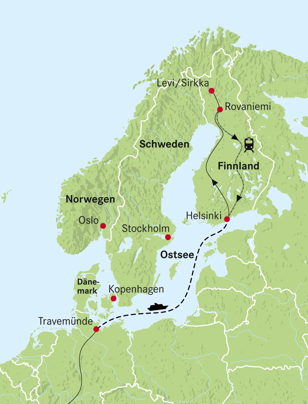 Route map Finnish Lapland under the Northern Lights