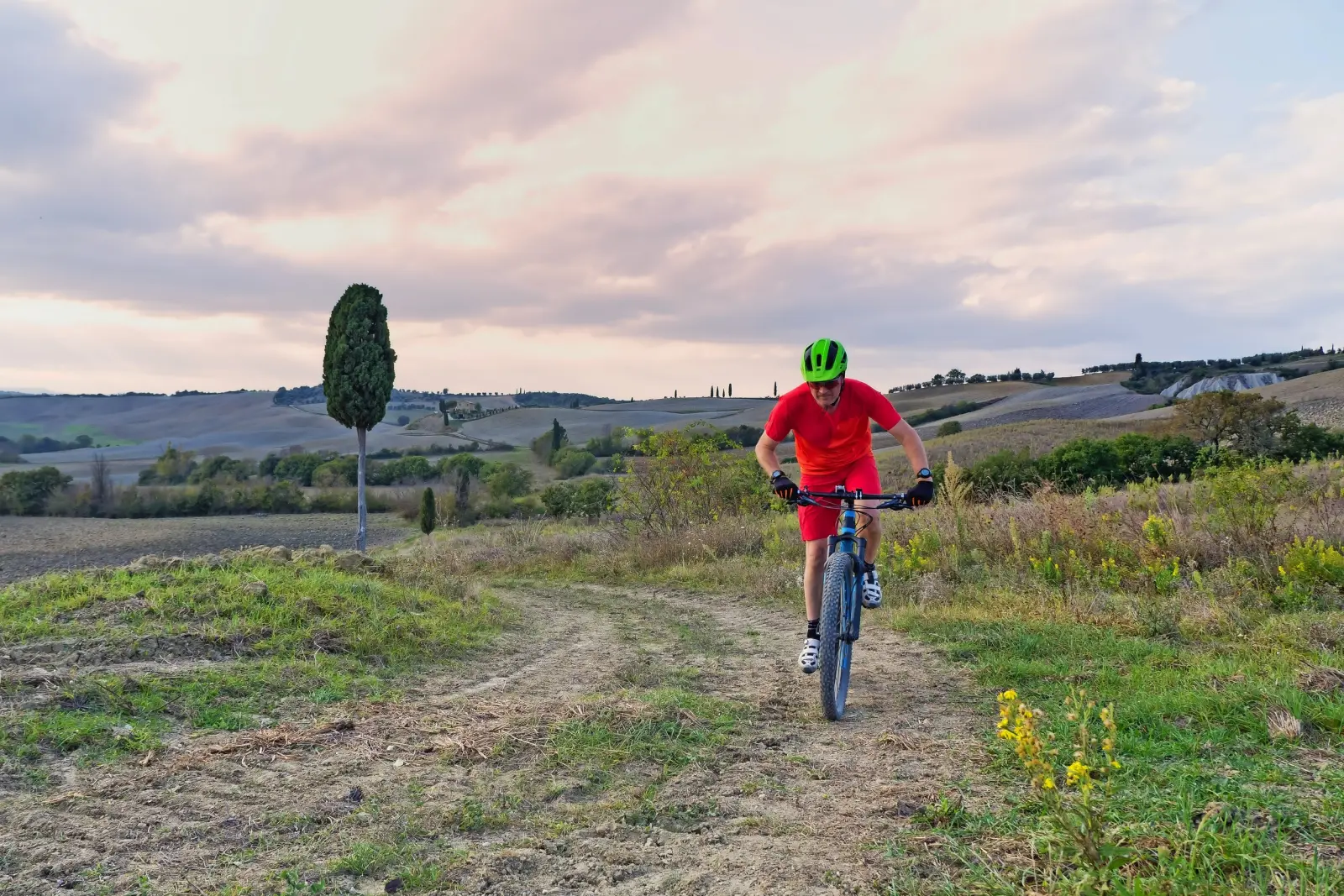 Person on a mountain bike in a rural landscape under a cloudy sky.
