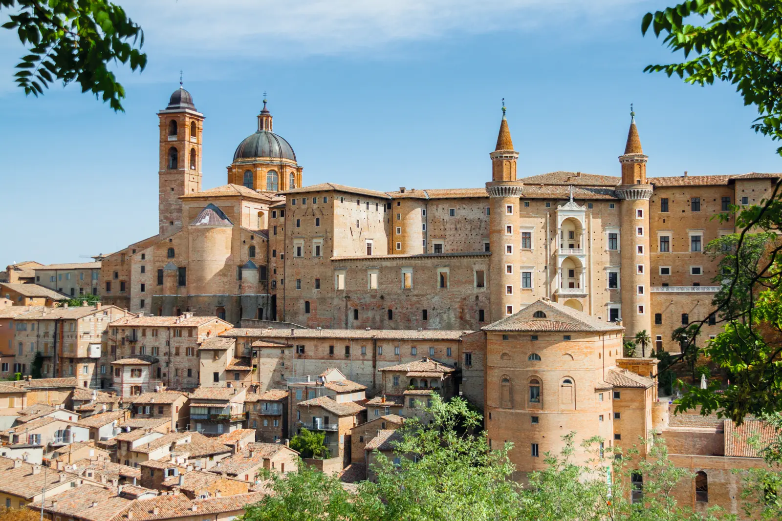 Veduta storica della città con un grande palazzo e campanili.