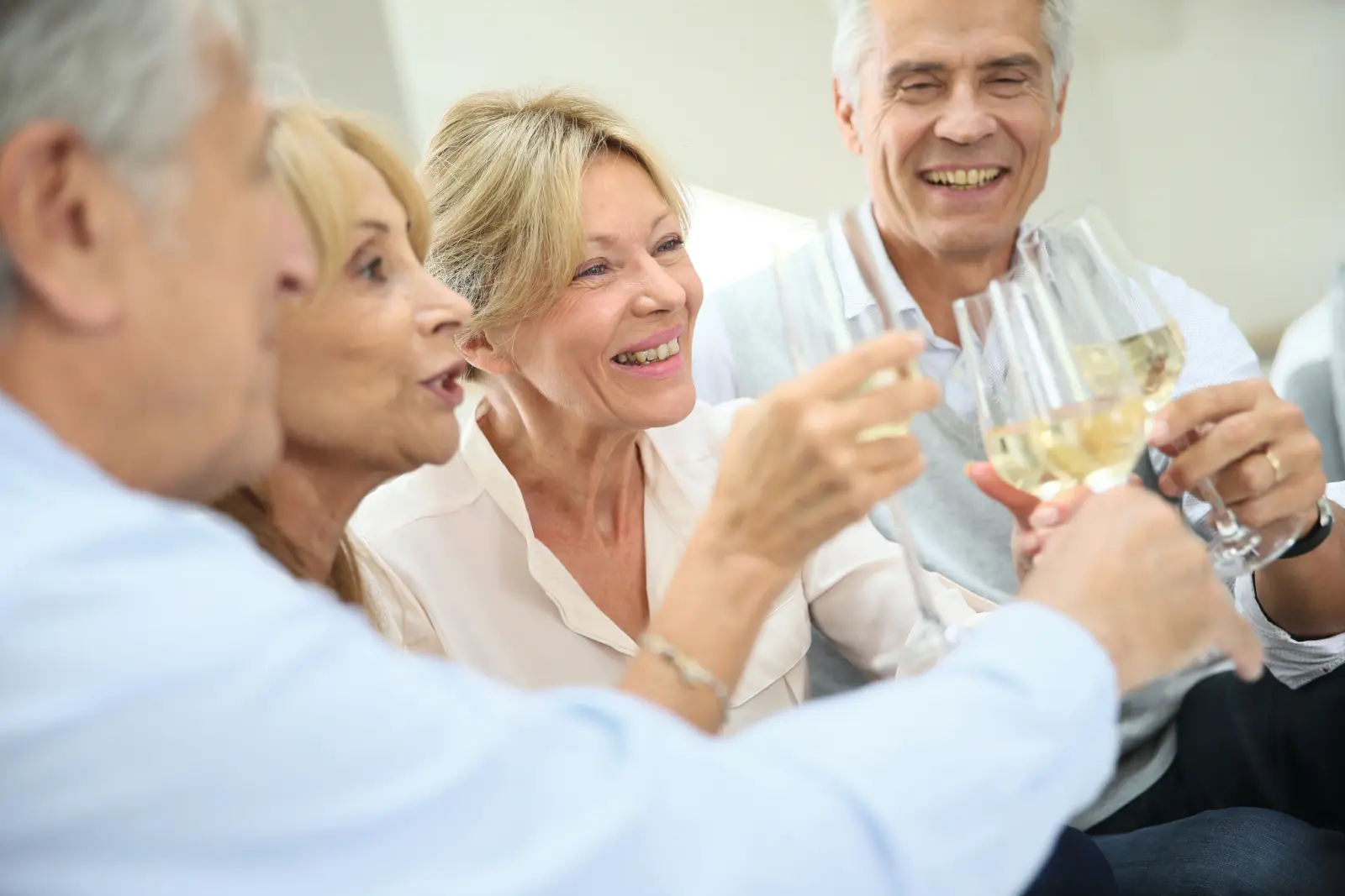 Coppie di mezza età brindano con calici di vino e sorridono.