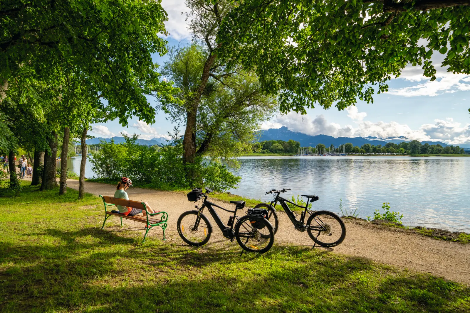Two bicycles stand on a lakeshore, with mountains and trees in the background.