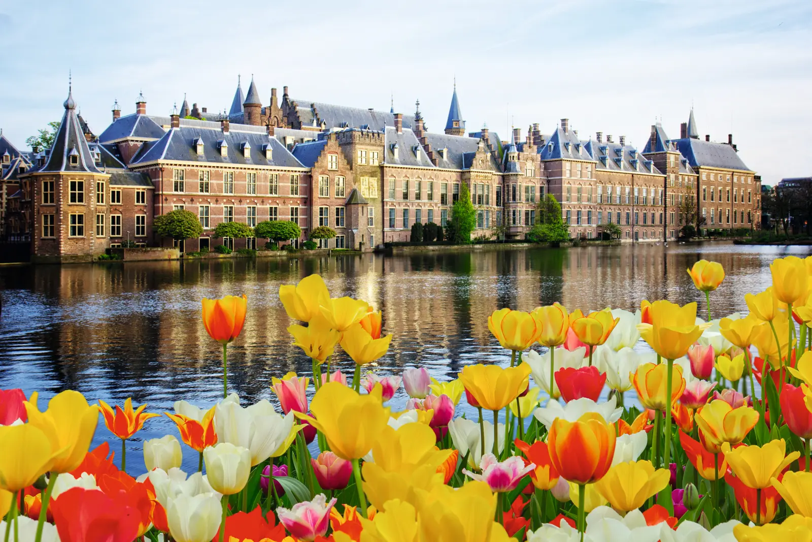Binnenhof all'Aia con vista sul lago e tulipani in fiore in primo piano.