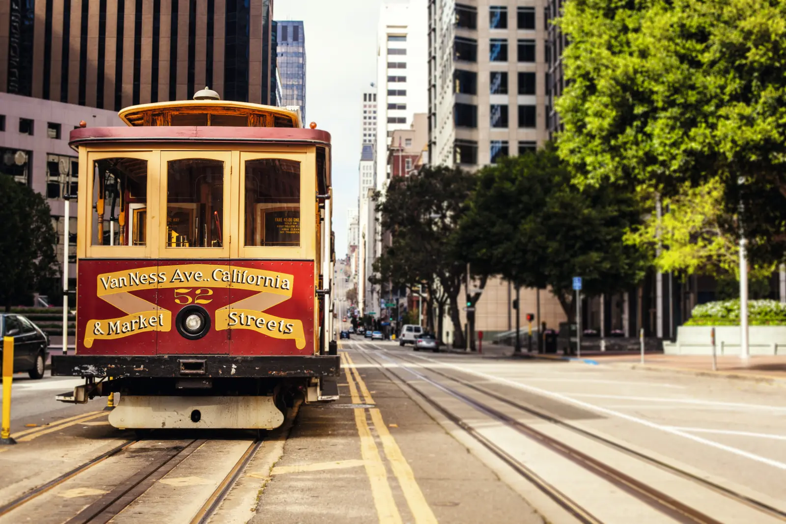 Tram in a city with tall buildings and trees in the background