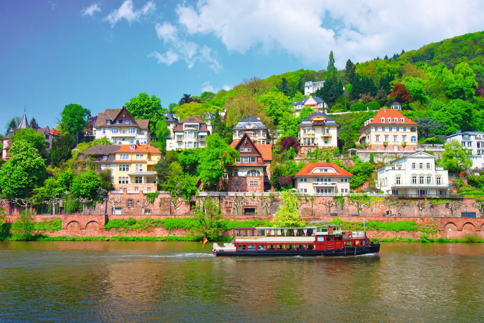 Bateau sur le Neckar à Heidelberg, avec en arrière-plan des bâtiments historiques et des collines boisées.