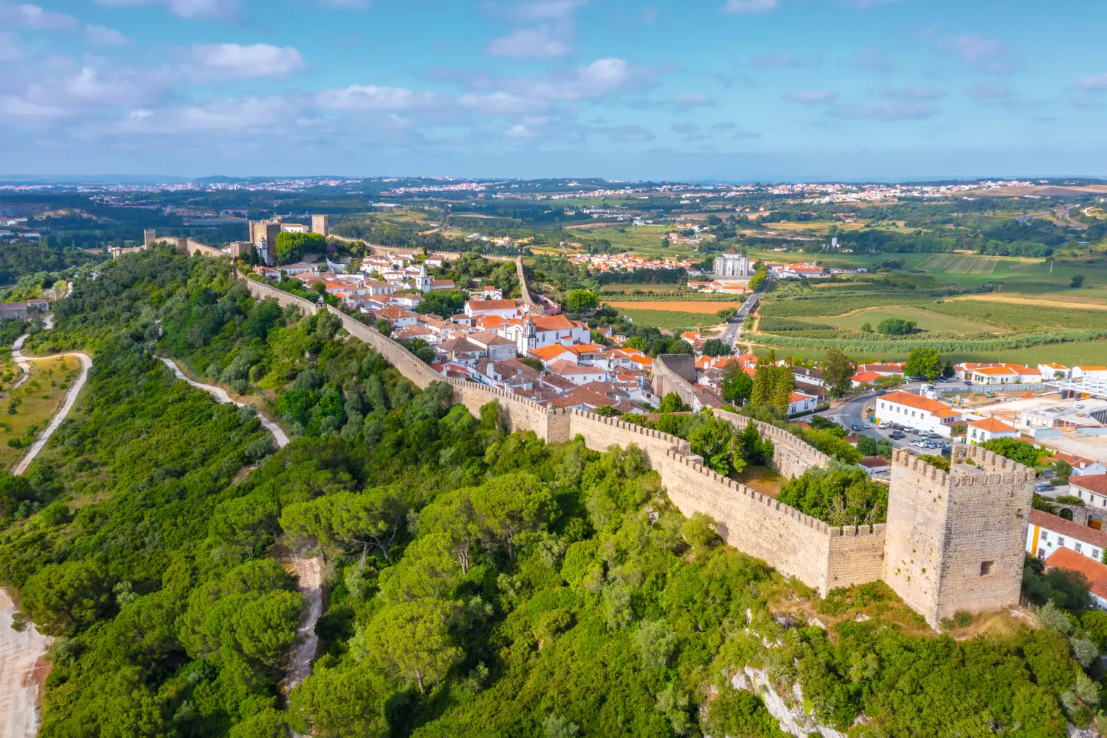 Luftaufnahme einer mittelalterlichen Stadt mit Burgmauern und umliegender Landschaft