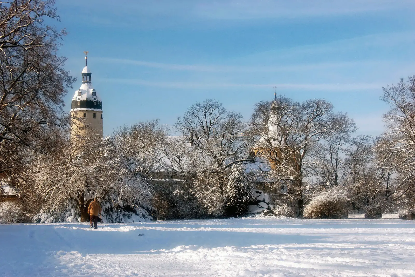 Verschneites Schloss mit Bäumen und blauem Himmel im Hintergrund.