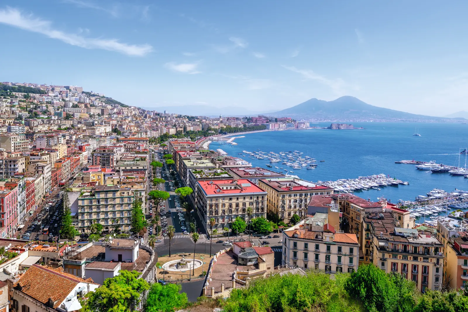 Panoramic view of Naples with Vesuvius in the background and a harbour in the foreground.