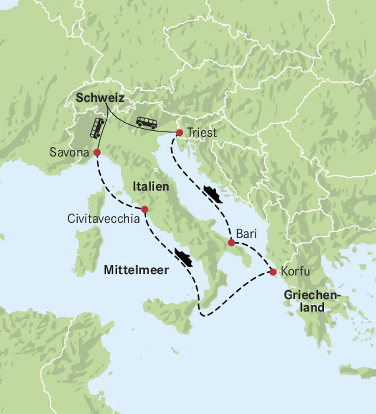 Karte Triest, Bari, Korfu, Civitaveccia, Savona