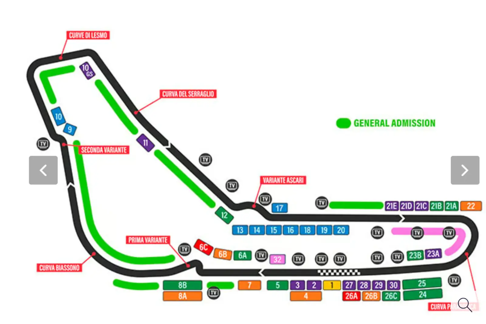 Plan du circuit : places debout « General Admission », places assises disponibles « Blue Grandstand »