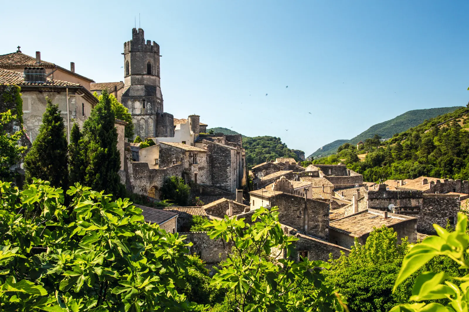 Village médiéval avec clocher et végétation verdoyante.