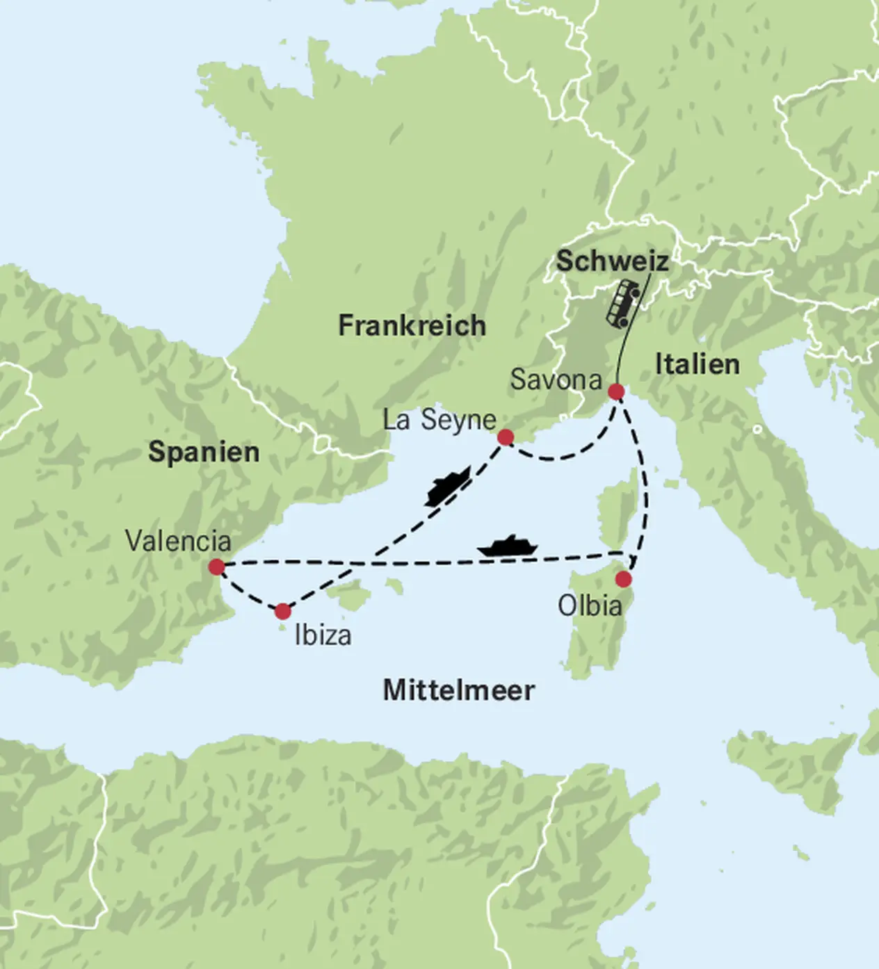 Karte Savona - Olbia - Valencia - Ibiza - La Seyne - Savona