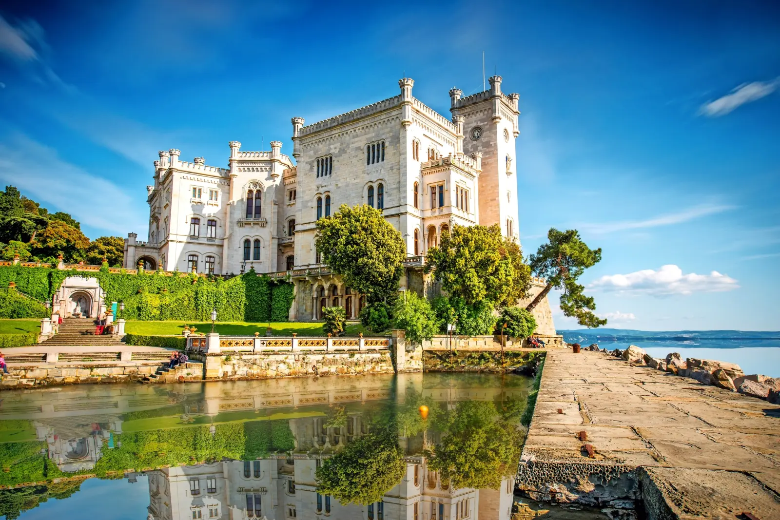 Historic castle on the waterfront under a blue sky, with water reflecting its image.