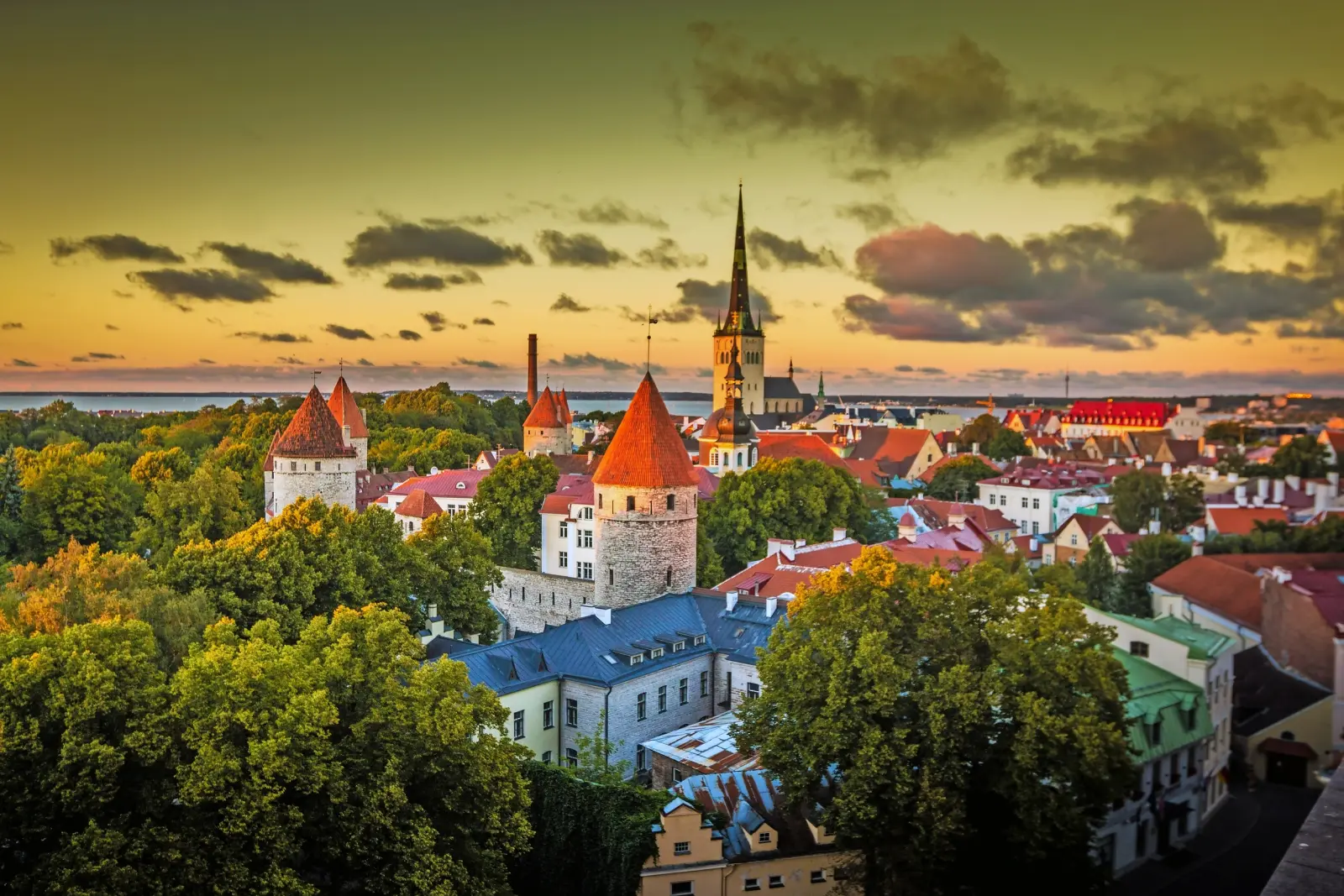 Historic cityscape with towers at sunset, surrounded by trees.