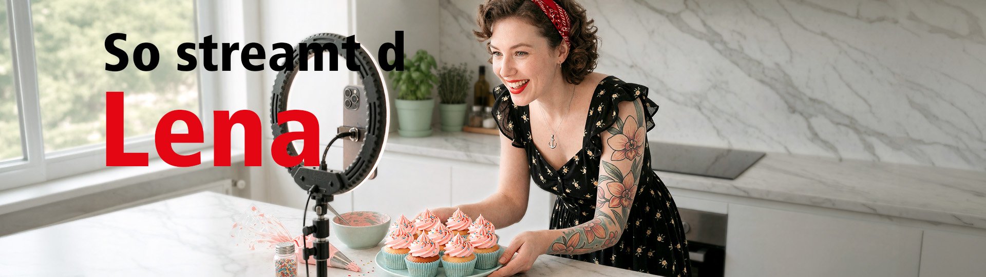 Junge Frau mit Cupcakes und Ringlicht am Streamen
