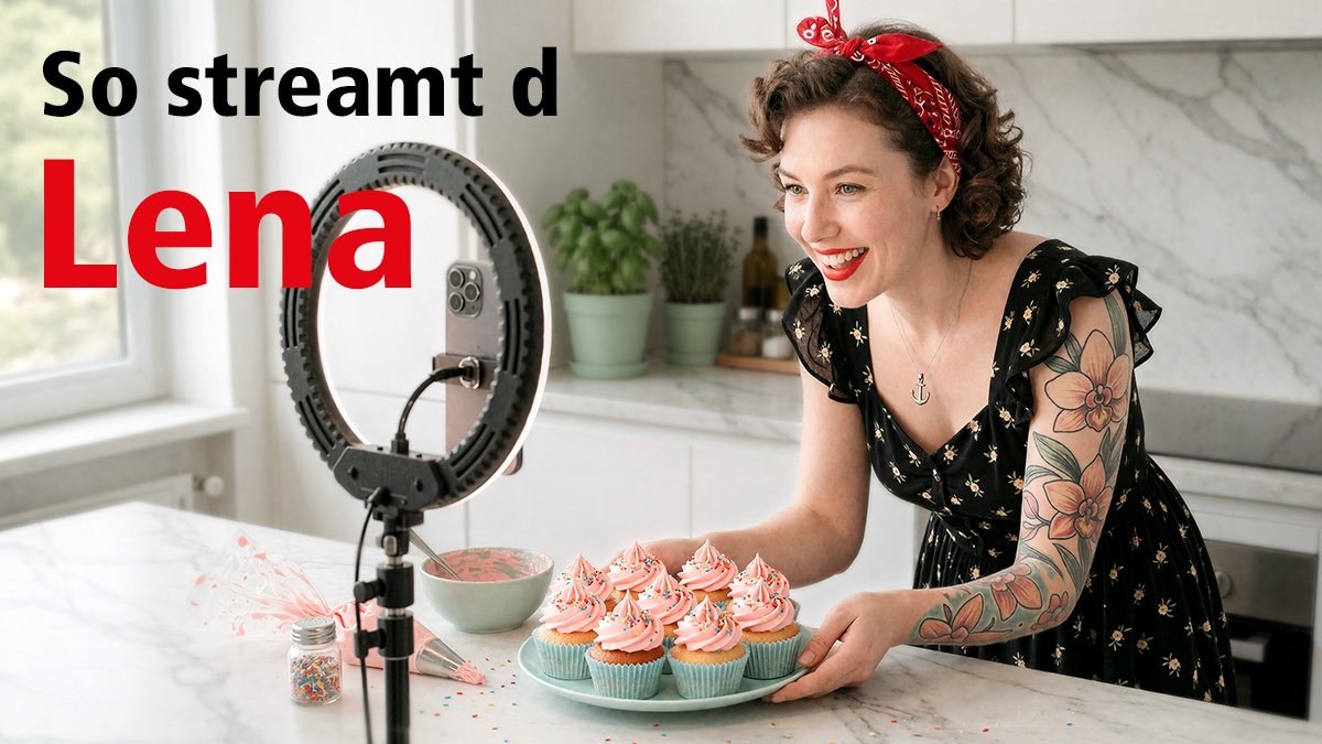 Junge Frau mit Cupcakes und Ringlicht am Streamen