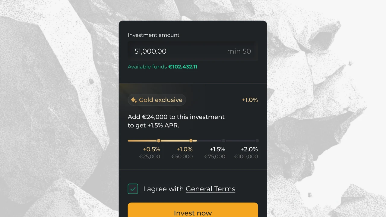 Maclear investment form on a Restricted Access project: Gold exclusive label, +1.0% APR bonus for €51,000 and a prompt to add €24,000 for +1.5%