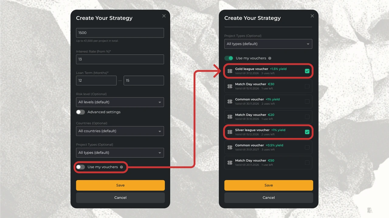 Enabling Use my vouchers and selecting eligible vouchers when creating an AutoInvest strategy